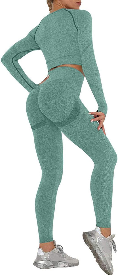 Women Butt Lifting Yoga Legging Long Sleeve Crop Top Tummy Control 2 Piece Workout Outfits Sets