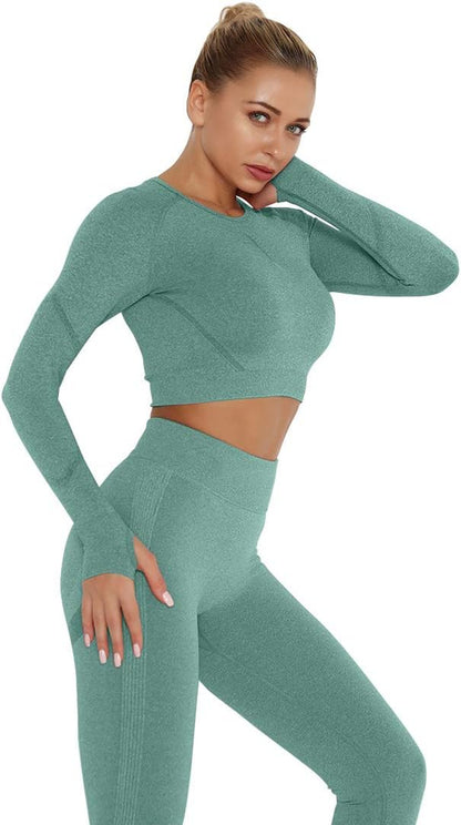 Women Butt Lifting Yoga Legging Long Sleeve Crop Top Tummy Control 2 Piece Workout Outfits Sets