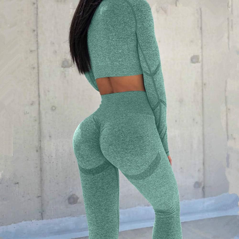 Women Butt Lifting Yoga Legging Long Sleeve Crop Top Tummy Control 2 Piece Workout Outfits Sets