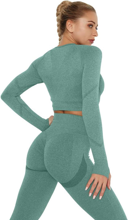 Women Butt Lifting Yoga Legging Long Sleeve Crop Top Tummy Control 2 Piece Workout Outfits Sets