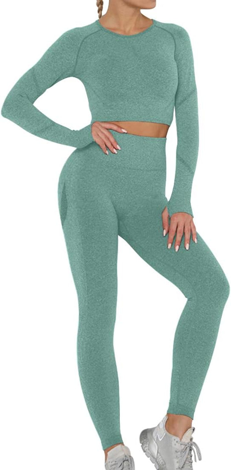 Women Butt Lifting Yoga Legging Long Sleeve Crop Top Tummy Control 2 Piece Workout Outfits Sets